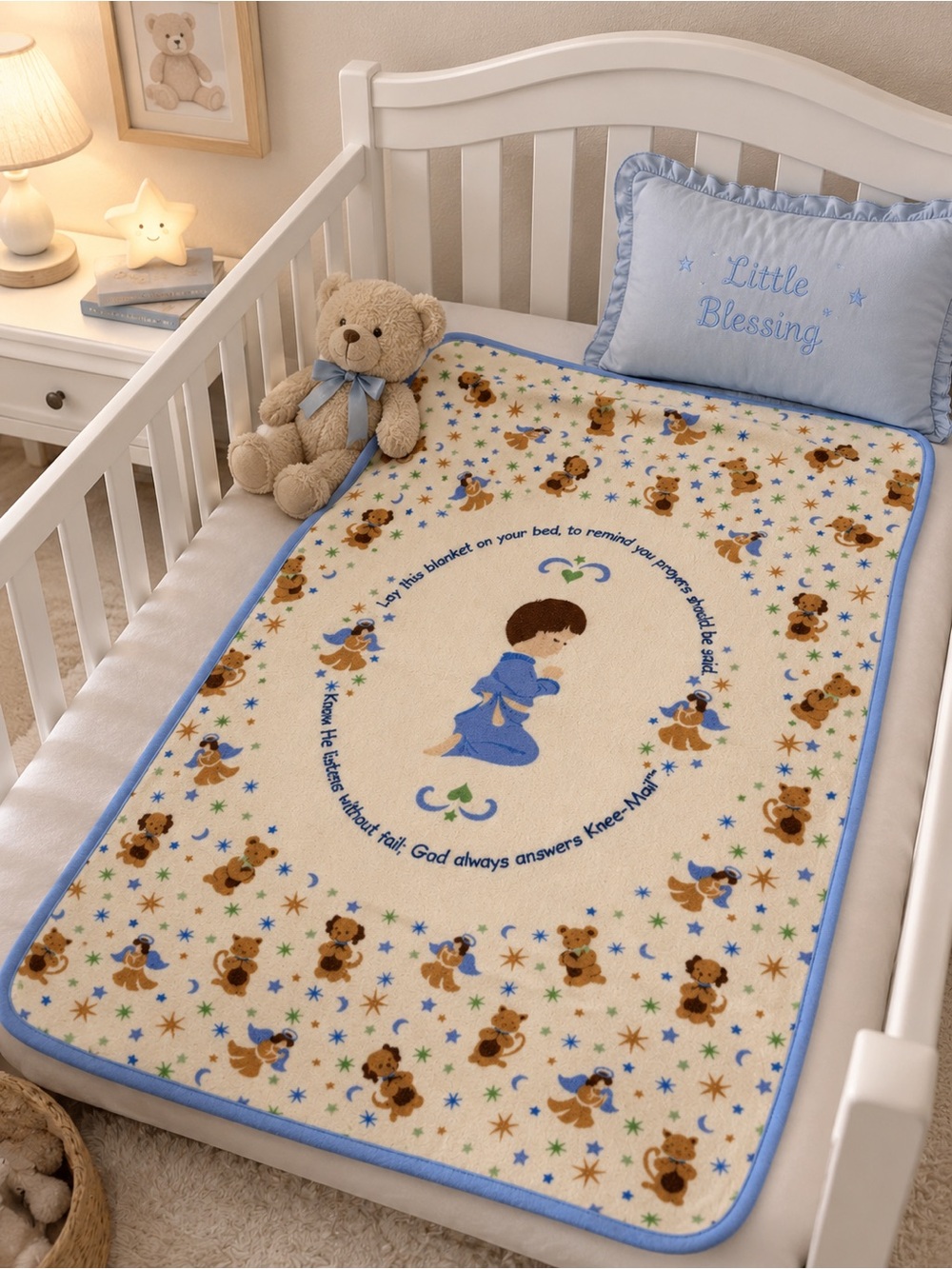 Children Prayer Blanket lovey  Teddy Angel Print Boy Blue Trim